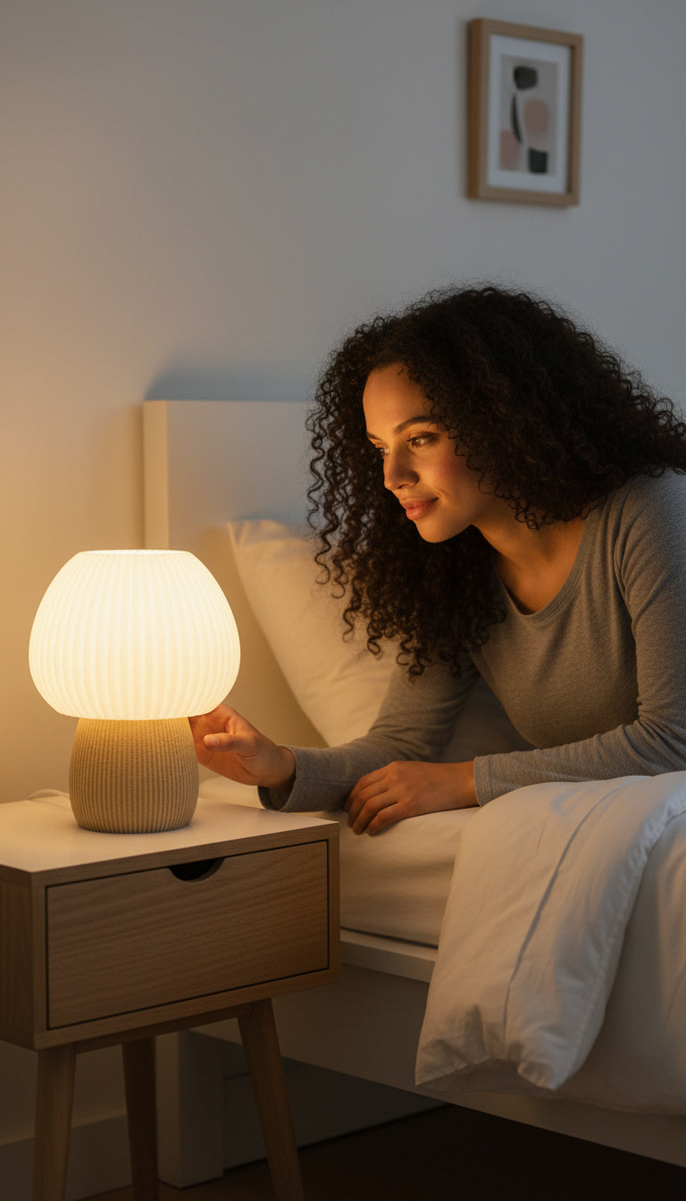 Yatak odasında komodin üzerinde yanan Lumora modern mantar abajur